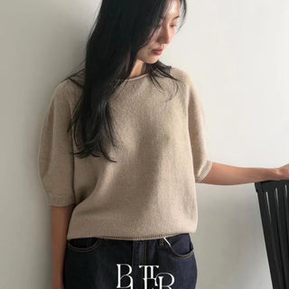 Golden Short Sleeve Wholegarment Knit, Round Neck Cashmere Wool 5/8 Sleeve Luxurious Daily Autumn Women's Short Sleeve Knit