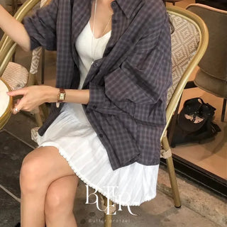 Warm Check Shirt, Small Check Cotton Long Sleeve Loose Fit Spring/Autumn Transitional Top, 2 Colors