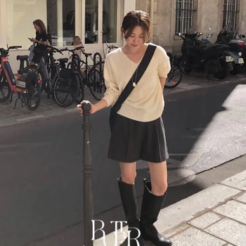 Della Wool Half Pants, Pintuck Shorts, Winter Wool Three-quarter Length Shorts