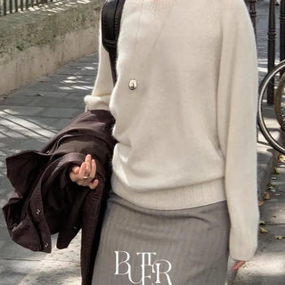 Allet Raccoon Round Wholegarment Knit, Round Neck Loose Fit Wool Knit Boucle, Transitional Season Daily