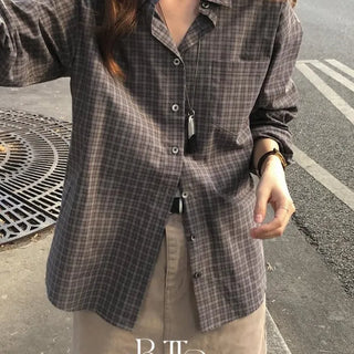 Lucen Check Cotton Shirt, Loose Fit Long Sleeve Small Check Pocket Cotton Shirt Spring Autumn