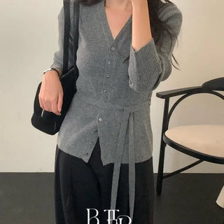 Wool Ribbed String Cardigan, Merino Wool V-Neck Slim Fit Delicate Cardigan Waist Belt Set 3 Colors