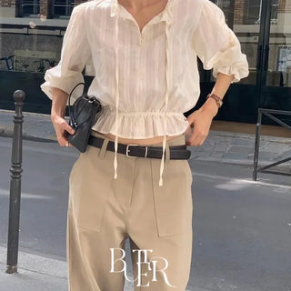 Susan Crop Blouse, Elastic Frill Shirred Strap Long Sleeve Blouse, Transitional Top, 2 Colors