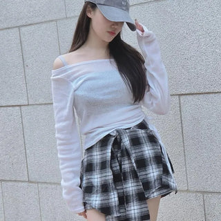Off-shoulder Side-Shirred See-through Crop Long-Sleeve T-Shirt