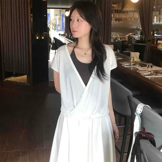 Cap Sleeve V-Neck Drape Wrap Layered Modal Loose Fit Short Sleeve T-Shirt
