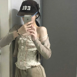 Lete Floral Frill Top & Lace Crop Cardigan Set