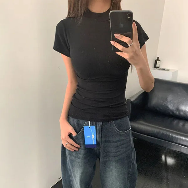 Jayna Slim Fit Ribbed Mock Turtleneck Short Sleeve Tee