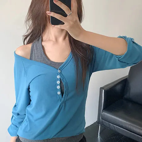 Rolling V-neck Roll-up Long Sleeve Tee