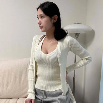 V-Neck Ribbed Slim Fit Set Cardigan