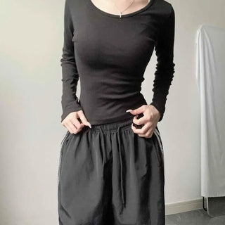 Cotton Modal Round Neck Cropped Slim Fit Long Sleeve T-shirt