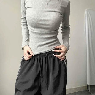 Side Shirring Round Neck Slim Fit Knit Long Sleeve T-shirt