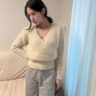 Angora Fur V-Neck Delicate Fit Crop Knit