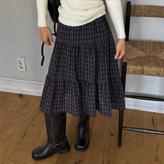 Belle Check Elastic Waist Tiered Midi Skirt