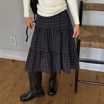 Belle Check Elastic Waist Tiered Midi Skirt