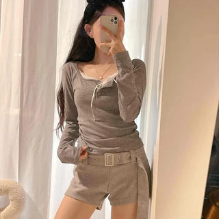 Integrated Lace Layered Square Neck Shirred Waist Button Slim Fit Knit Long Sleeve T-shirt