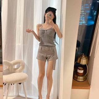 Wool Elastic Belted High-Waisted Pocket A-Line Shorts