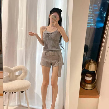 Wool Elastic Belted High-Waisted Pocket A-Line Shorts