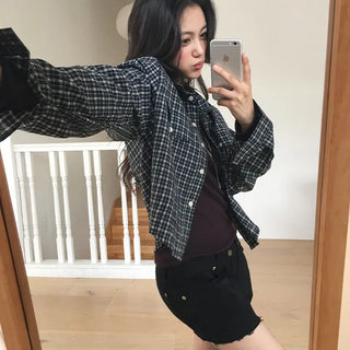Carve Check Pocket Crop Long Sleeve Shirt