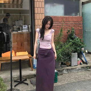 Cotton Button Belt Layered Low-Rise A-Line Long Skirt