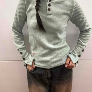 Ribbed Knit Patch Cutout Slit Sleeve Button Semi-Crop Hoodie