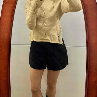 Diagonal Cut Asymmetrical Frayed Stitch Button See-through Crop Knit