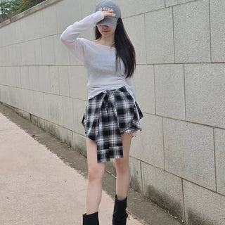 Seersucker Check Ribbon Strap High-Waisted Wrap Skorts Mini Skirt