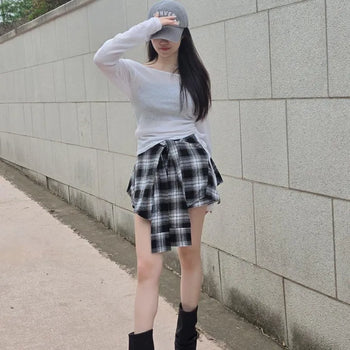Seersucker Check Ribbon Strap High-Waisted Wrap Skorts Mini Skirt