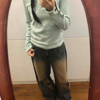 Wide Vintage Washed Used Damaged Ripped Jeans