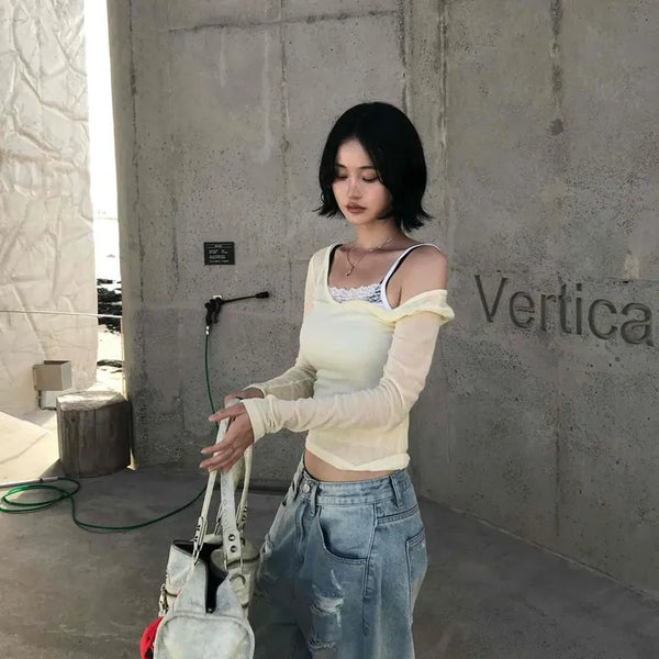 Tencel See-through Double V-Neck Delicate Fit Long Sleeve T-shirt