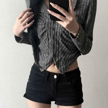 Ribbed Shirred Cinched Waist Button Crop Knit Cardigan