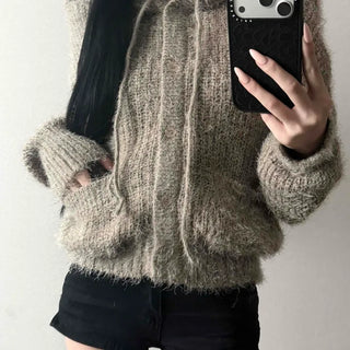 Wool Cashmere Zip-up Loose Fit Cropped Cardigan