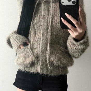 Wool Cashmere Zip-up Loose Fit Cropped Cardigan