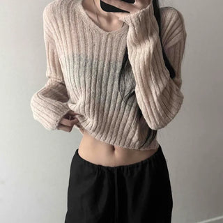 Ribbed V-Neck See-through Wool Alpaca Delicate Fit Crop Knit
