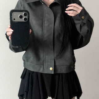 Suede Shirt Collar Pintuck Blouson Oversized Zip-Up Jacket