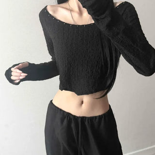 Studded Button Boat Neck Crop Slim Fit Warmer Knit Long Sleeve T-shirt