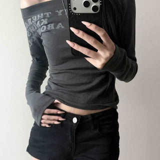 Off-shoulder Asymmetrical Lettering Cotton Blend Cropped Long Sleeve T-shirt