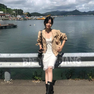 Mandarin Collar String Zipper Cotton Loose Fit Short Field Jacket