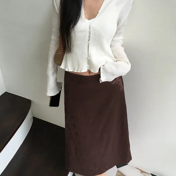 *Satin˚₊·—̳͟͞͞♡* Ine Satin Flower Back Elastic Midi Skirt