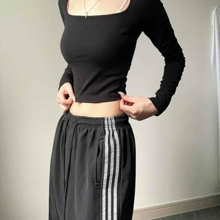 Square Neck Slim Fit Layered Inner Crop Knit Long Sleeve T-shirt