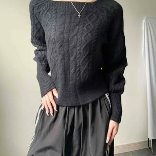 Wool Cable Knit Boat Neck Oversized Long Sleeve Knit