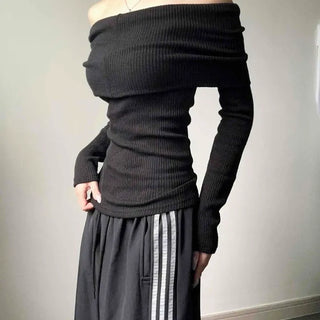 Keyart Off-Shoulder Slim Fit Ribbed Wool Knit