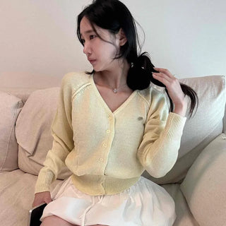 V-Neck Metallic Button Pendant Crop Knit Cardigan
