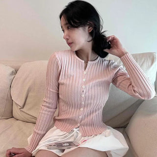 Ribbed Round Neck Button Slit Slim Fit Crop Knit Cardigan