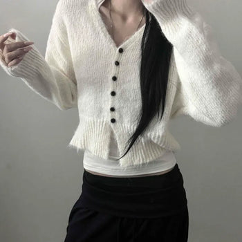 Angora Wool Ribbed V-Neck Buttonless Cropped Loose Fit Knit Cardigan