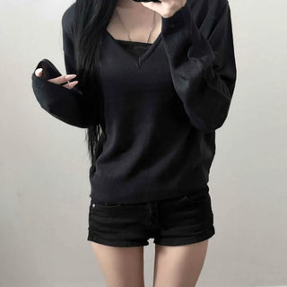 V-neck Button Loose Fit Long Sleeve Knit
