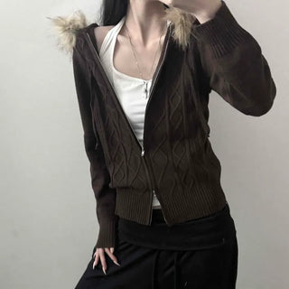 Brownie Cable Knit Fur Zip-Up Hoodie