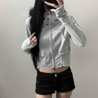 Three-button High-neck Fur Hooded Short Zip-up