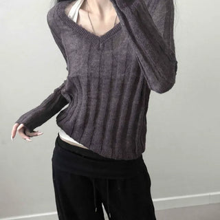 Distressed V-neck See-through Ribbed Knit