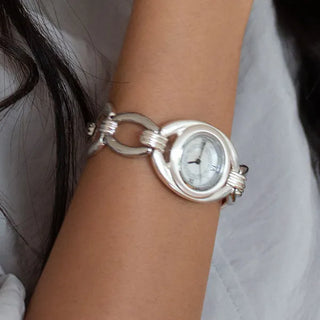 Silver chain bracelet watch, mother-of-pearl dial jewelry watch