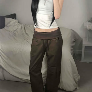 Cargo Ribbed Folding Elastic Loose Fit Wide Cotton Long Pants